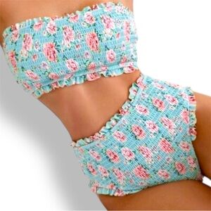 Smocked Ruffle Floral Blue & Pink Bikini Swimsuit